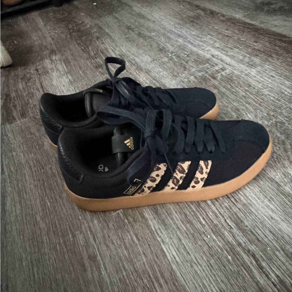 Adidas VL Court 3.  Size 5.5. Black and Tan Sneakers with Leopard Print